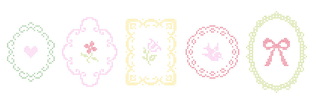 Cross-stitch frames and borders. Oval, round shapes with vintage embroidery elements. Retro hand made covers for branding, scrapbooking and social media.
