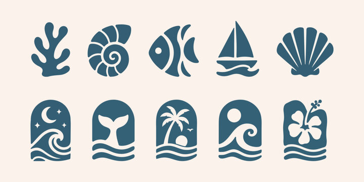 Modern Coastal Icons Collection with Coral, Seashell, Tropical Island, Sailboat, Fish, Ocean Wave and Whale Tail in Minimal Flat Vector Style
