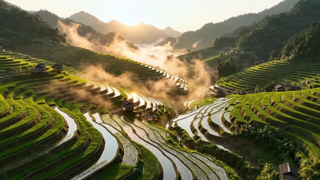 Aerial View of Mist Rolling Over Tiered Green Rice Terraces in Guizhou Mountains at Sunrise