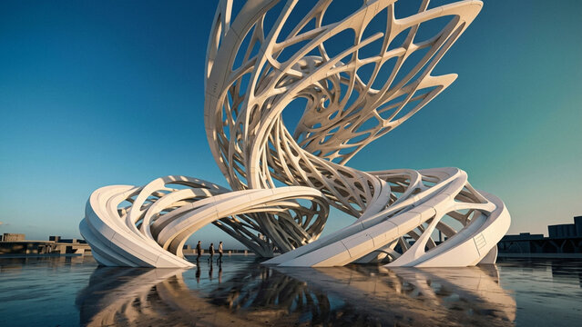 Futuristic minimalist symmetrical white parametric pavilion architectural structure 3D render with clear background.