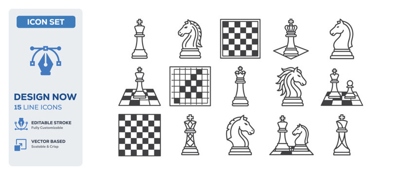 flat vector illustration line art icon bundle set design highlighting strategic chess playing competitive logic board games intelligent moves smart strategy puzzle graphic