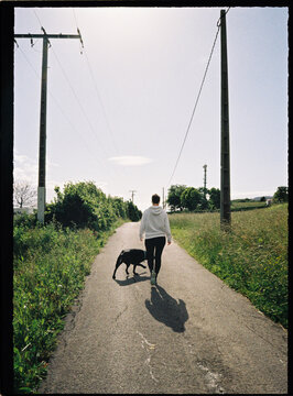 Woman walking black dog on rural road with utility poles