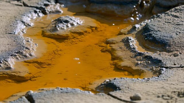Pollution, toxic waste and contaminated water flowing through dry cracked earth for environmental report. Ecological disaster, acid mine drainage and chemical runoff with industrial sludge and hazard