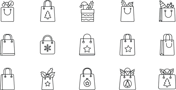 Christmas gift bag silhouettes collection, holiday festive icons, seasonal illustration, celebration design, minimalist black vector artwork