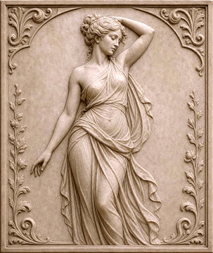 Greco-Roman style stone bas-relief sculpture of dancing woman with veil