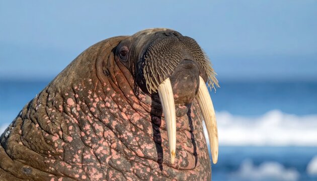Large Brown Walrus Resting Near Blue Ocean Shore