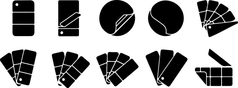 Color palette and sample card silhouettes collection, design and printing concept, minimal black vector illustration showing swatches, stickers, and fan decks