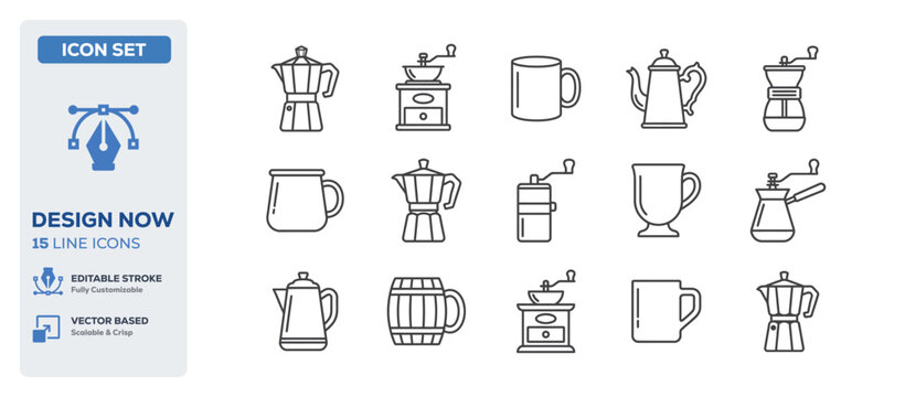 flat vector illustration line art icon bundle set design displaying hot coffee drinks cafe cups morning breakfast beverages cappuccino espresso mugs barista graphics UI