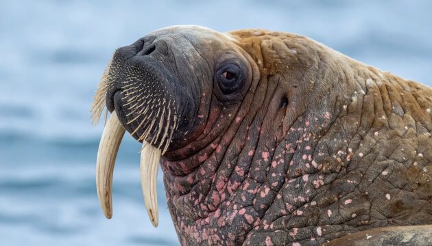 Large Brown Walrus Resting Near Cold Ocean Water