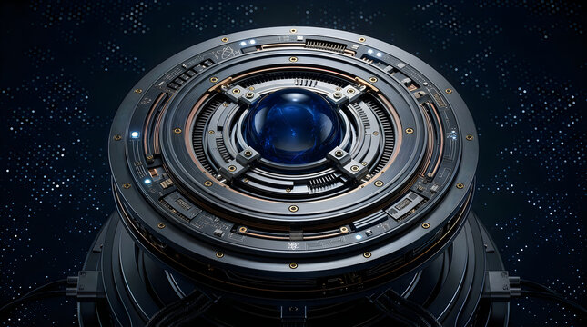 Futuristic mechanical camera lens with intricate metal gears and glowing blue center in dark space