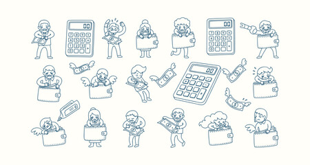 Fototapeta premium Set of Line Art Icons Illustrating Financial Stress People Crying Over Empty Wallets and Money