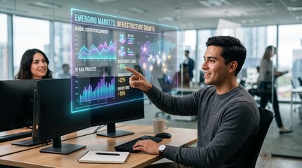 Fototapeta premium Man analyzing digital holographic financial charts in modern office