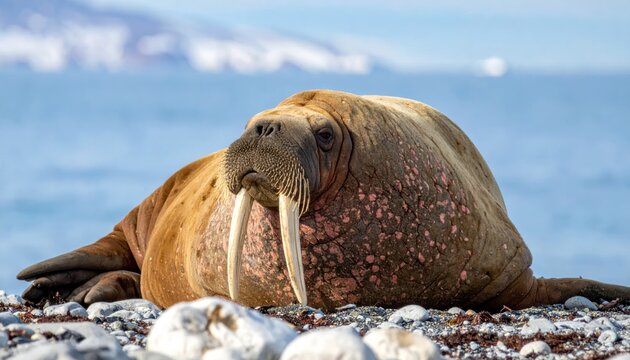 Large Brown Walrus Resting on Rocky Arctic Shoreline Beside Blue Ocean