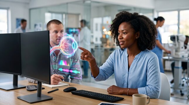 Scientists Working with Holographic 3D Brain Interface in Modern Lab
