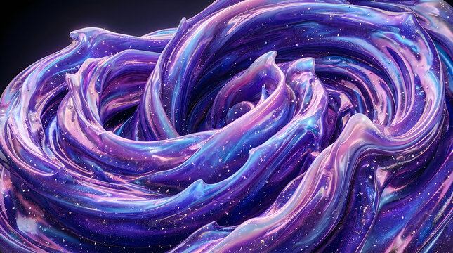 Abstract swirl of purple and blue liquid paint texture with glossy reflections