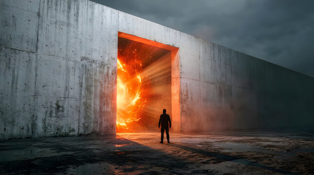 Silhouette of a person standing in front of a glowing orange portal in a dark room