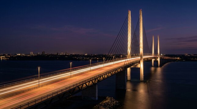 Stunning illuminated cable-stayed bridge over water at twilight.