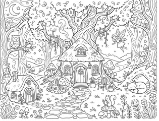 Fototapeta premium Magical World Cozy & Comfy coloring page on an isolated white background. Generated with AI