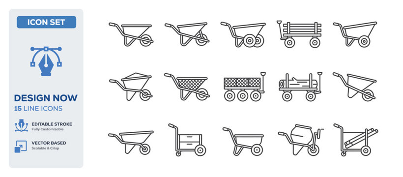 flat vector illustration line art icon bundle set design showcasing heavy construction wheelbarrows gardening carry tools transport vehicle dirt moving logistics equipments