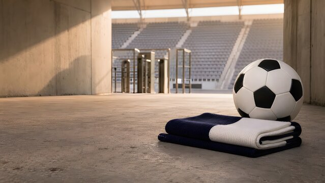 sports football showing stadium access, supporter attendance and matchday entry preparation with ball and folded scarf at a turnstile

