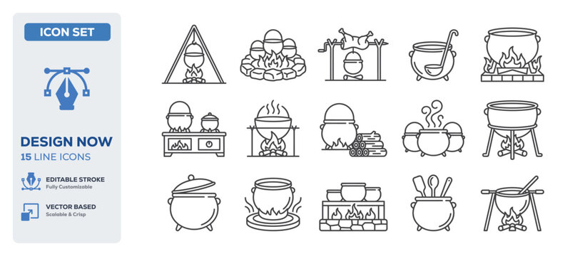 flat vector illustration line art icon bundle set design covering outdoor cooking hot barbecue fire bbq grills picnic party food pans roasting meats nature camping graphics