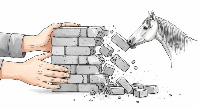 Conceptual illustration of a horse head breaking a brick wall, human hands protecting a stone barrier, metaphor for strength and overcoming obstacles