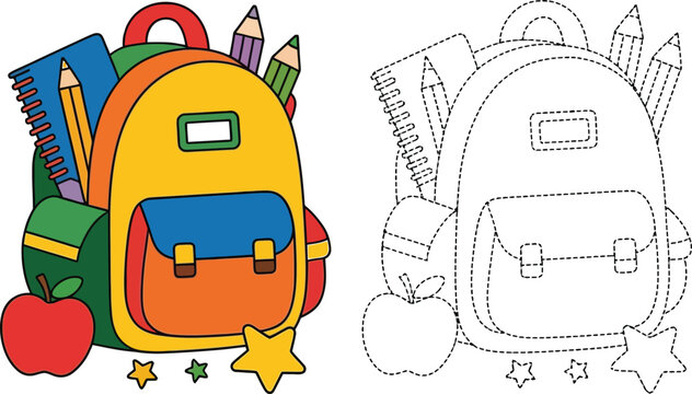 Back to school backpack with school supplies coloring page worksheet backpack supplies coloring notebook education stationery activity learning illustration classroom children printable
