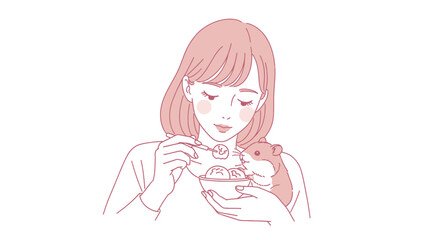 Young woman eating dessert with pet hamster