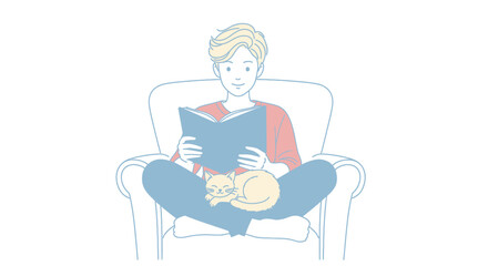 Young person reading book with cat on lap in armchair