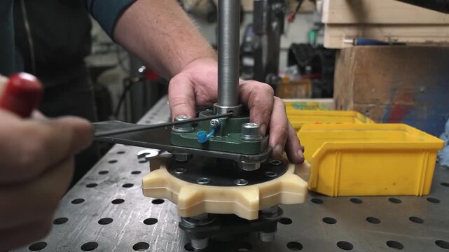 An engineer assembles a transmission mechanism with a bearing. He inserts bolts into the grooves, installs washers, and tightens the nuts with a hex wrench. Then checks the mechanism's functionality