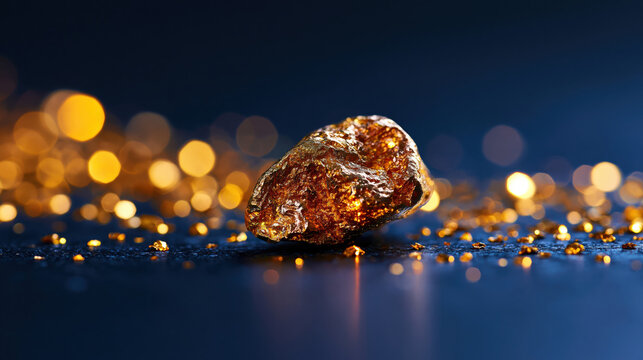 Gold nugget raw gold precious metal macro close up dark background luxury wealth sparkle bokeh glow raw gold nugget resting dark background with warm bokeh glow creating luxurious sparkling