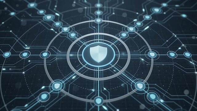 Cybersecurity, shield and network for digital protection, data privacy and internet safety. Technology, encryption and firewall with circuit lines, information security and server system online fast