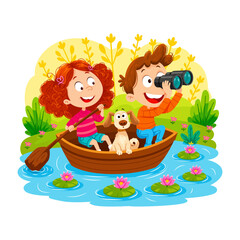 Fototapeta premium Two children paddle a wooden boat along a calm river surrounded by flowers and greenery.