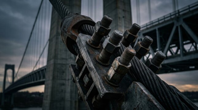 Close up of heavy duty bridge suspension cable bolts and steel construction.