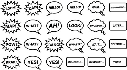 Collection of comic speech bubbles and text boxes with various expressions, exclamations, and dialogue elements for graphic design and storytelling projects