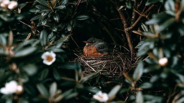 Close-up of a bird sitting in a nest surrounded by lush greenery and white flowers in a beautiful natural setting showcasing nurturing and wildlife