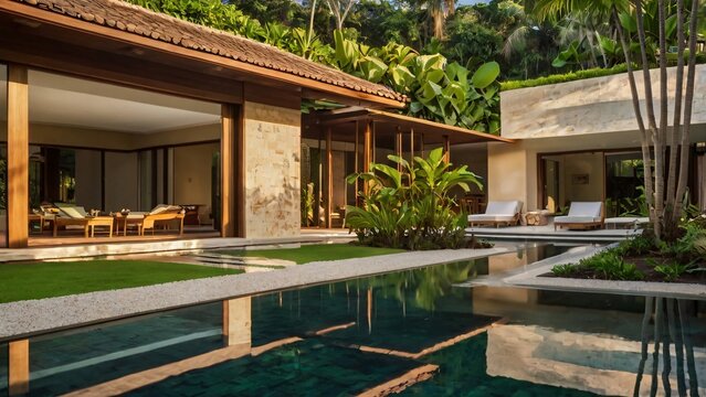 Luxurious tropical villa with stunning infinity pool and lush green gardens, perfect for a relaxing getaway