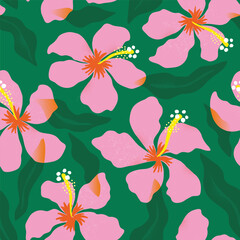 Obraz premium Tropical pink flowers and artistic leaves on green background. Seamless vector pattern.