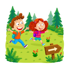 Naklejka premium Two cheerful children hike through a pine forest following a wooden direction sign.
