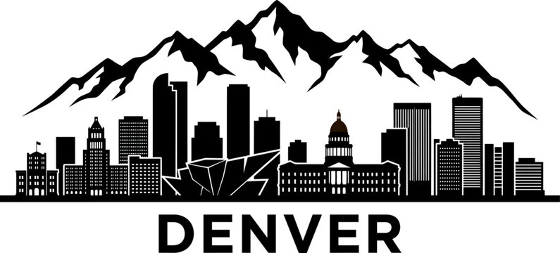 Black and white silhouette illustration of the denver colorado city skyline with rocky mountains in the background
