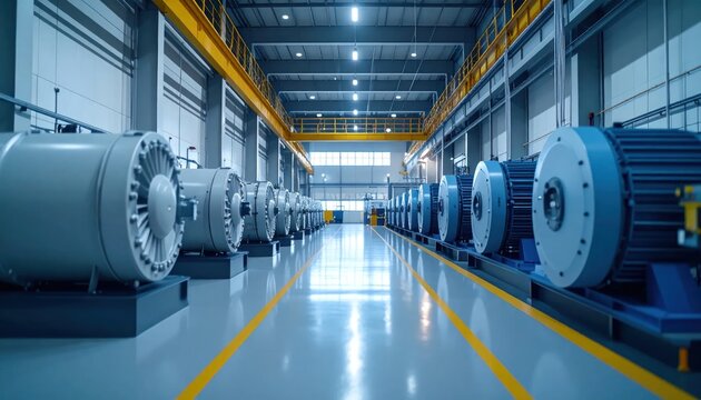Large Industrial Electric Motors Arranged in Modern Factory Hall