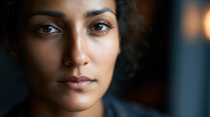 Fototapeta premium Close up portrait of a young woman with brown eyes and natural skin looking at camera in soft window light with blurred background.