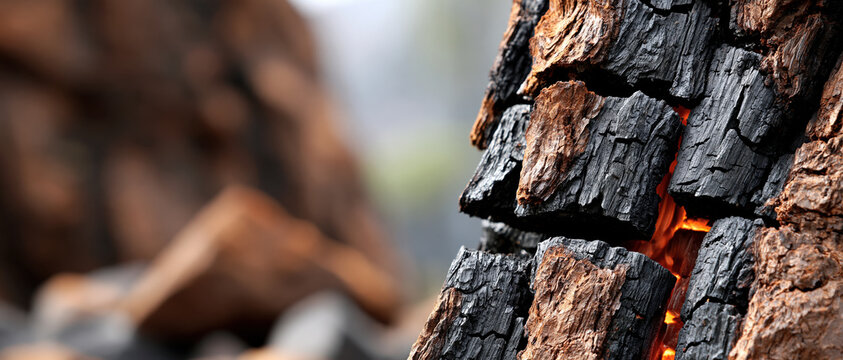 Burnt wood texture charred bark glowing ember fire detail macro closeup natural pattern rustic background orange light black charcoal rough surface wood tree trunk texture background pattern