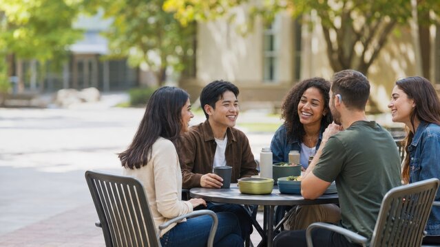 Diverse group of students sitting at a table outdoors, enjoying drinks and food while engaging in conversation on a sunny day in a university campus setting