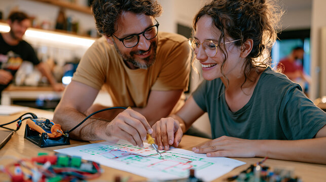 Electrical engineer and partner at a warm kitchen table reviewing circuit blueprints together, soldering iron resting on a holder, intimate home workspace couple dynamic, electronics career, hardwar