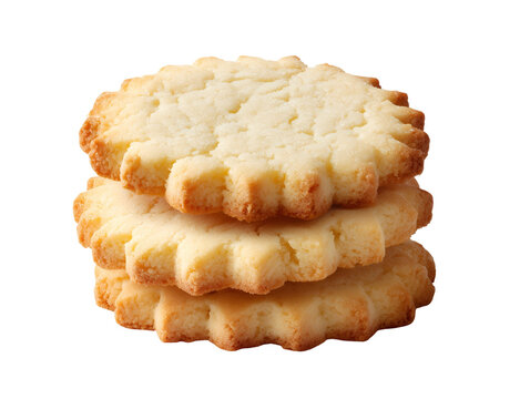 Stack of classic butter cookies with scalloped edges, crisp golden crust, rich buttery flavor, isolated on a white background.