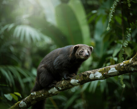 Forest Dwelling Binturong Perched on a Mossy Tree Branch