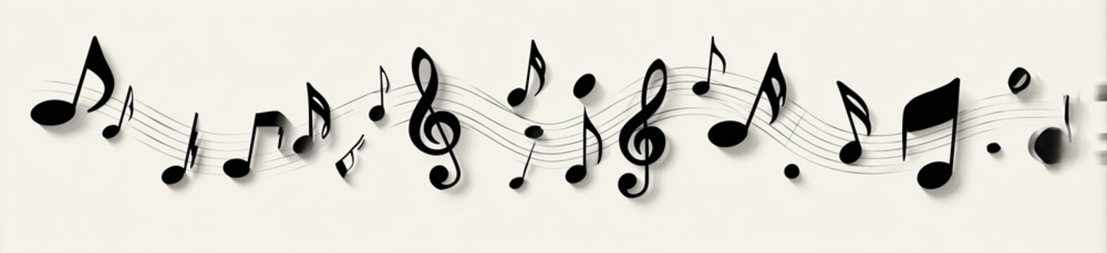 A whimsical arrangement of black musical notes flows across a cream background