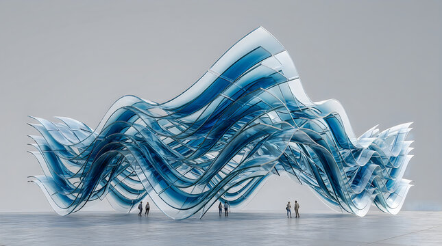 Large blue and green abstract wave art sculpture with tiny people standing underneath in a plaza