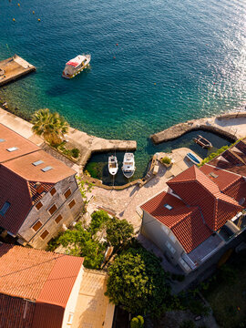 Small authentic coastal Village Harbor Montenegro, aerial view